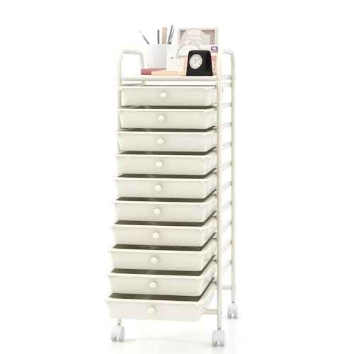 MEDIMALL 10 Drawers Rolling Storage Cart, Multipurpose Craft Storage Cart with Wheels, Mobile Tools Scrapbook Paper Organizer Cart for Office School Home Use