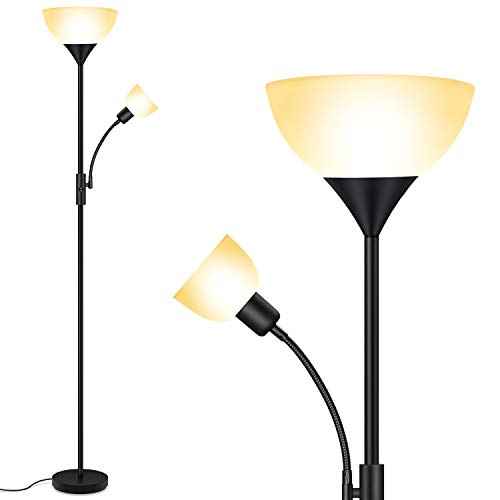 Floor Lamp, Standing Lamp, Torchiere Floor Lamp with Adjustable Reading Lamp, 71" Tall Pole Lamps, 3 Way Switch, Plastic Lampshade, Corner Floor Lamps for Living Room, Bedroom(E26 Base, No Bulb)-Black