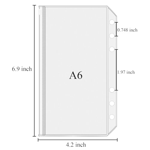 Antner 12pcs A6 Size Binder Pockets 6 Holes Budget Cash Envelopes for Budgeting, Clear Zipper Folders Loose Leaf Bags for A6 6-Ring Budget Binder, Waterproof PVC Document Pouch Filing Bags