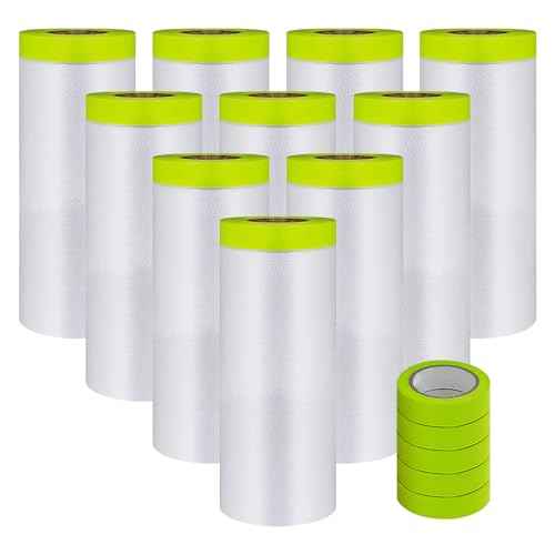 Pre-Taped Masking Film-55inx65ft Tape and Drape Painters Paper Rolls, Plastic Painting Film for Automotive Painting Covering £¨Masking Film:10rolls,Tape:5rolls£©