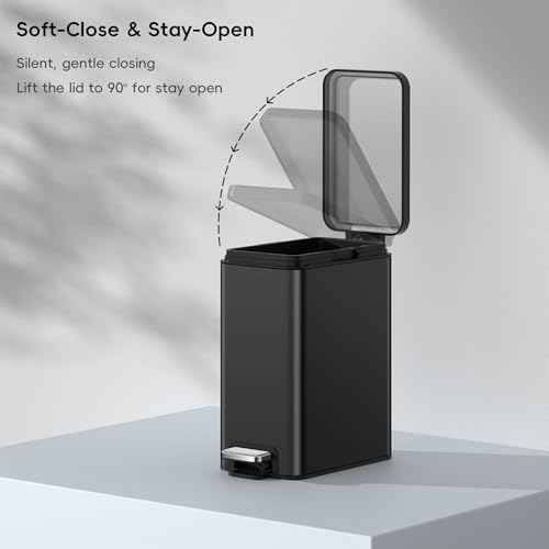 EKO Small Bathroom Trash Can with Lid Soft Close, Step Pedal, 10 Liter / 2.6 Gallon Stainless Steel Garbage Can with Removable Inner Bucket, Anti-Fingerprint Finish (Matte Black)
