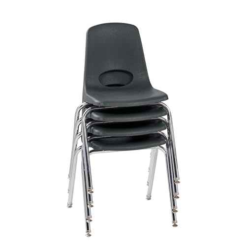 FDP 18" School Stack Chair, Stacking Student Seat with Chromed Steel Legs and Nylon Swivel Glides; For In-Home Learning, Classroom or Office - Black (4-Pack), 10384-BK