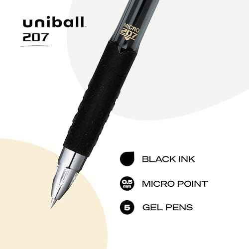 Uni-Ball Black Retractable Gel Pens 5 Pack, 207 Signo Click With Fine Points 0.5mm - Fraud Proof for Office, Nursing, Business, School, and Bible Use