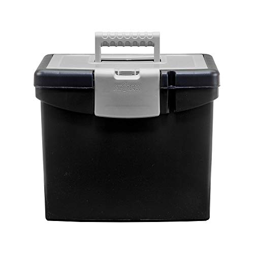 Storex Portable File Box with Organizer Lid ? Plastic Office File Storage Box for Letter Paper and Hanging Folders, Obsidian, 1-Count (61504C01C)