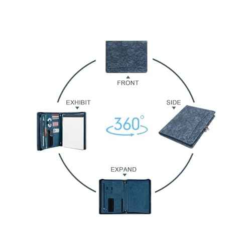AZXCG Leather Padfolio Folio, Embossed PU Leather Portfolio with Zipper, Professional Business Document Organizer with A4/US Letter Writing Pad Holder, Gift for Woman/Men(Dark Blue)