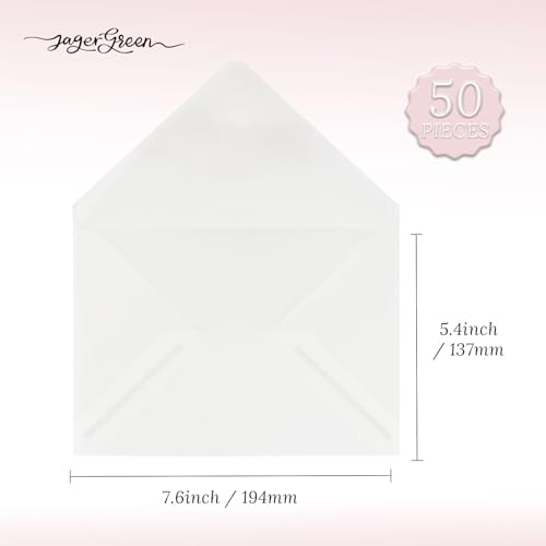Translucent 5x7 Vellum Envelopes - 50 Pack, A7 Glassine Paper, Pre-Folded