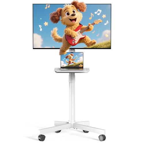 Xyndyx Rolling TV Stand 23-60 Inch White with Shelf, Adjustable Height & Tilt