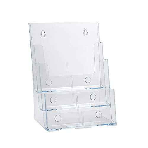 Azar Displays 252378, Brochure Holder, Acrylic Desk Organizer, Three Tier Document, Magazine & Sign Holder, Wall Mount Desk Accessories, Literature Display Stand, Divider for 4" Pamphlets, 8.5"x11"