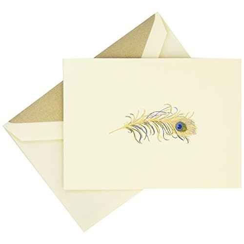 Crane & Co. Hand Engraved Peacock Feather Note (RF1412),Ecruwhite