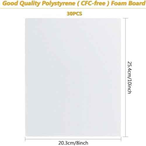 30 Pack White Foam Board 8x10 inch, White Foam Core Boards Baking Board Mat Board Center, 3/16in Thick White Crafts Foam Board Sheet Polystyrene Boards for Projects Art Display