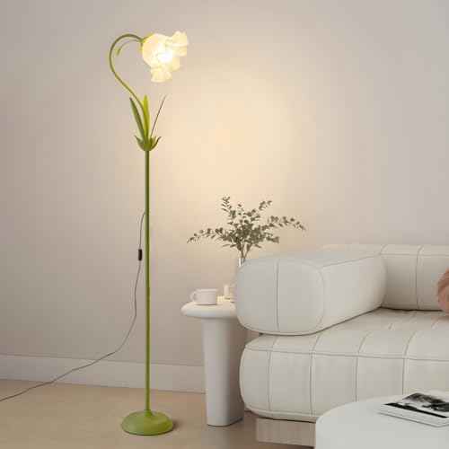 Modern Flower Shape Floor Lamp, Macaron Green 1-Light Iron Standing Light Cute Floral Lamp with Acrylic Shade Arc Tall Lamp for Living Room Corner Bedroom Kids Room