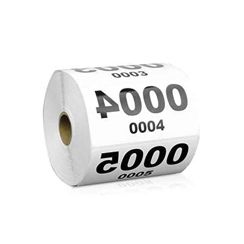 1000 Reverse Number Sticker Labels [0001-1000] - 2" x 4" Live Sales Mirrored Reverse Number Stickers Consecutively Numbered Stickers Live Sale Tags, White - 1 Roll of 1000