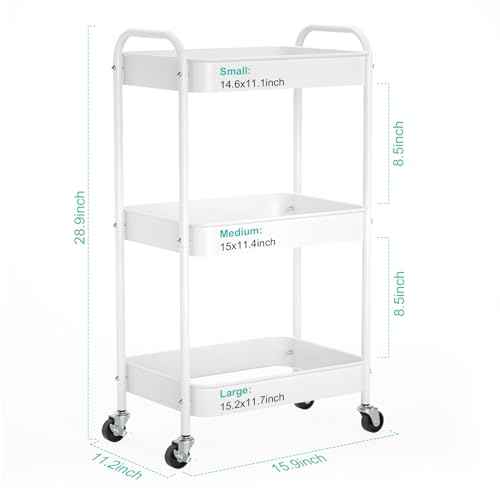 3-Tier Rolling Metal Storage Cart with Wheels, Multi-Functional Organizer for Office, Kitchen, Bathroom, Books Diapers - Easy Assembly (White)