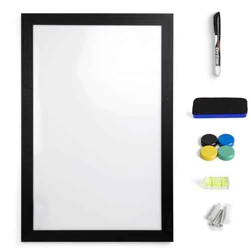 Real Wooden Framed Magnetic Dry Erase Whiteboard, 24" X 36", Vertical/Horizontal Wall Mount, Includes Black Marker, Eraser and 4 Magnets, by Better Office Products (Solid Black)