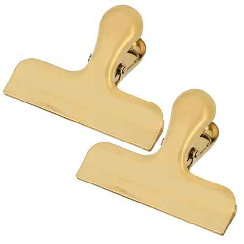 2Pcs Gold Chip Clips, 3 Inch Wide Stainless Steel Brass Notebook T Clip, Heavy Duty Food Bag Clamp, Vintage Retro Hinge File Bill Holder Sealing Air Tight Clips Modern Kitchen Office Accessories