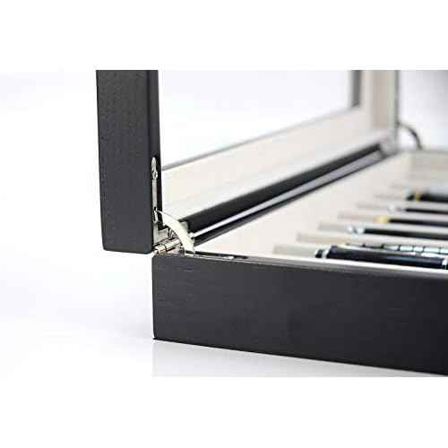 TIMELYBUYS 10 Piece Black Ebony Wood Pen Display Case Storage and Fountain Pen Collector Large Organizer Box with Glass Window Display Case