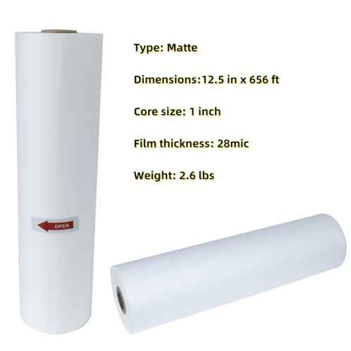 12.6 in x 656 ft Matte Thermal Laminating Film 28 mic Thickness 1" Poly-in Core for Hot Roll Laminating Machine