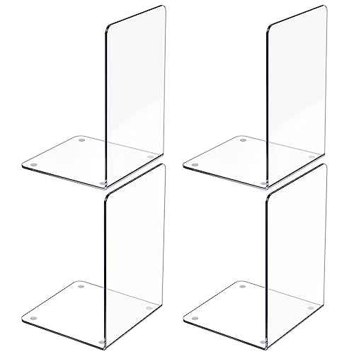 Acrylic Bookends 4 Pcs, Clear Book Ends for Shelves, Transparent Bookend Organizer, Book Holder Stand Decorative, Book Stoppers for Heavy Duty Books, CD, File, Video Games