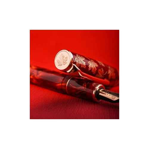 Hongdian N8 Red Acrylic Fountain Pen, Long Blade Fine Nib Rose Gold Trim Maple Leaves Carving Cap, Smooth Writing Pen with Converter and Metal Pen Box Set