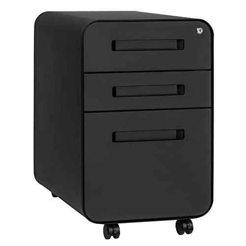 Laura Davidson Furniture Stockpile 3 Drawer File Cabinet with Lock - Under Office Desk Metal Filing Cabinet, Legal/Letter File Folders, Wheels and Stationary Feet, Pre-Assembled, Black