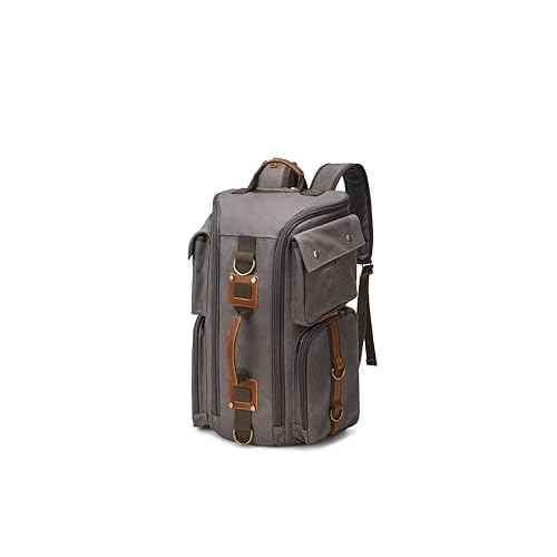 peacechaos Heavy-Duty Waxed Canvas Backpack for Men, 17 Inch Laptop Rucksack with Genuine Leather, Multi-Pocket Travel Bag for Work, Hiking, and Camping