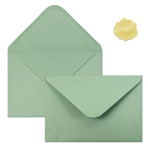 50 PCS Sage Green A4 Envelopes with Gold Stickers for Invitations - 4x6