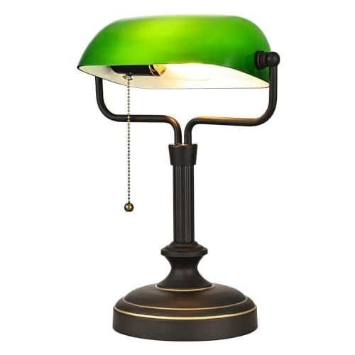 Traditional Banker's Desk Lamp with Glass Shade,Pull Chain Switch, LED Bulb Included (Antique Black+Green)