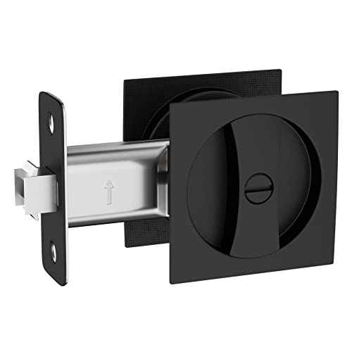 Haidms Matte Black Pocket Door Lock, Square Pocket Door Hardware, Pocket Door Handles, Black Pocket Door Latch Privacy Lock 1 Pack