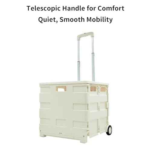 Folding Utility Shopping Cart,Rolling Plastic Cart with 2 Wheels and Lid,Large Capacity Collapsible Shopping Trolley for Home,Shop