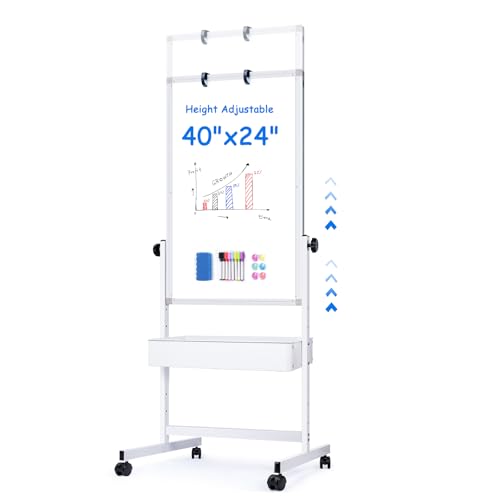 Maxtek White Magnetic Mobile Whiteboard on Wheels 40x24 with Storage Basket