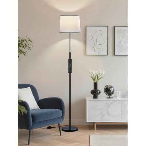 60" Modern Floor Lamp for Living Room Bedroom, Standing Lamp with White Linen Lampshade, Remote and Foot Switch, Tall Lamp with A19 9W 3000K-6000K Color Temperature 10%-100% Brightness Dimmable Bulb