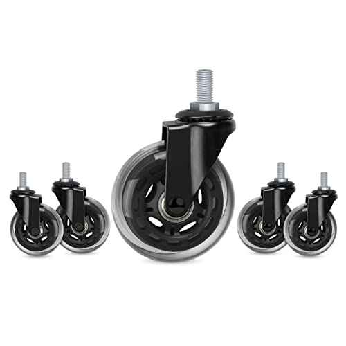 Hirate 5 Pack Office Chair Casters Wheel with 3/8"-16UNC Threaded Stem(English Unit),3" Mute Swivel Stem Gaming Chairs Casters Replacement Smooth Rolling Safe for Hardwood Tile Floors