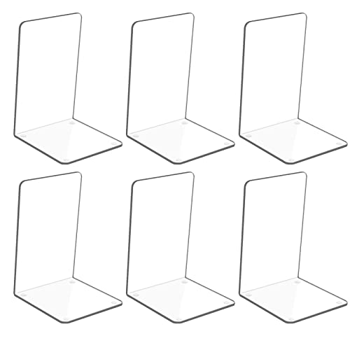 Adwikoso 6 Pack Clear Acrylic Book Ends for Shelves, Sturdy & Space-Saving