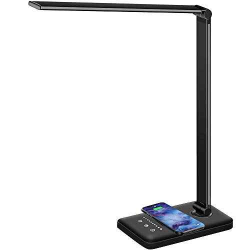 LED Desk Lamp with Wireless Charger, USB Charging Port, Dimmable Eye-Caring Desk Light with 5 Brightness Levels & 5 Lighting Modes, Touch Control, Auto Timer (Black)