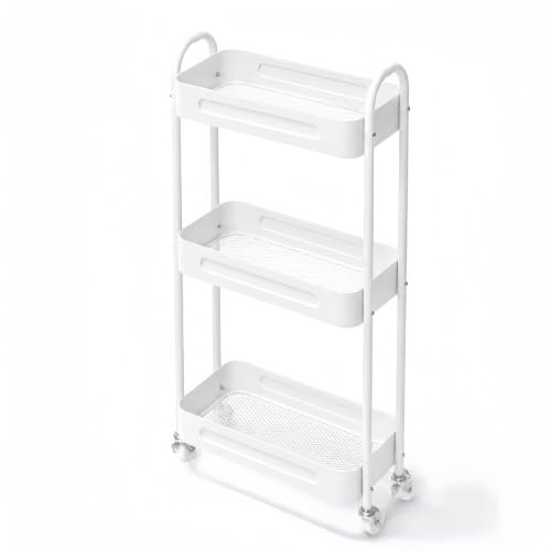 LIWNYRK 3-Tier Narrow Rolling Storage Cart White – 7.1'' Slim Utility Cart with Lockable Casters for Laundry, Between Washer & Dryer