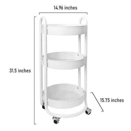 HOMESTEAD Round Rolling Side Table Cart, 3 Tier Metal Utility, 60 lb Heavy Duty, 15¡È Diameter, Lockable 360¡Æ Casters, Powder-Coat Storage for Kitchen, Bedroom, Office, Bath 15.7" x 14.9" x 31.5" White