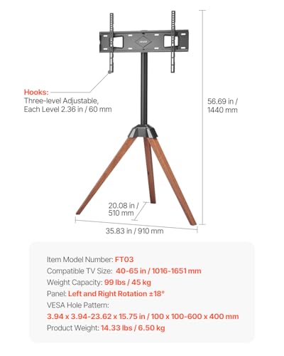 VEVOR Tripod TV Stand 40-65in TV - Oak Legs, 99 lbs, 18° Swivel, VESA 600x400mm (Tripod)