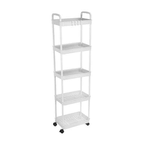 PATIKIL 5-Tier Rolling Utility Cart with Handle, Storage Shelves Organizer Cart Movable Storage Organizer with Wheels for Room Office Kitchen Bathroom, White