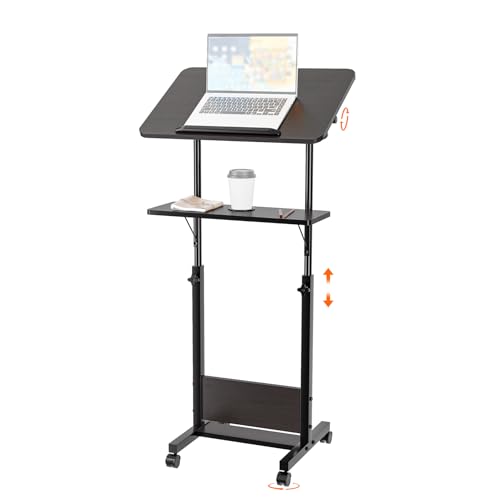 OUKMIC 24x16in Adjustable Height Rolling Podium Stand with 180° Tilting Desktop - Black