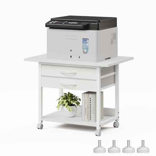 Large Printer Stand with Storage Fabric Drawer Under Desk Printer Table with Wheels for Home Office, Printer Cart fit Fax Machine Scanner 23.4"x15.7" (White, 2 Tiers)