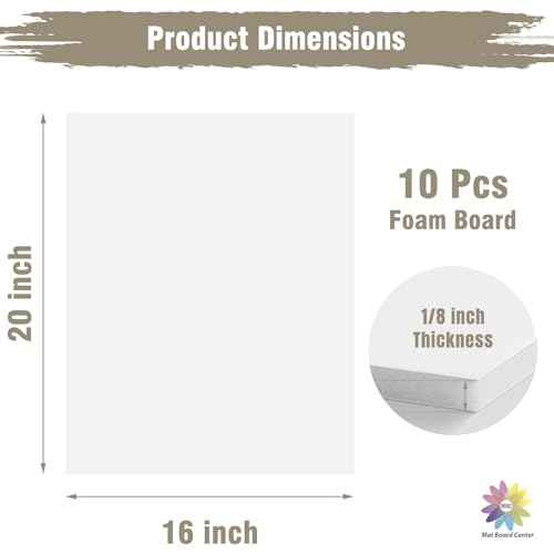 Mat Board Center, Pack of 10 Acid-Free Foam Boards, 16x20 inch White Foam Boards, 1/8" Thick