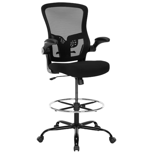 Luckyear Ergonomic Drafting Chair Tall Office Stool with Footrest, Mesh Back & Flip-Up Arms