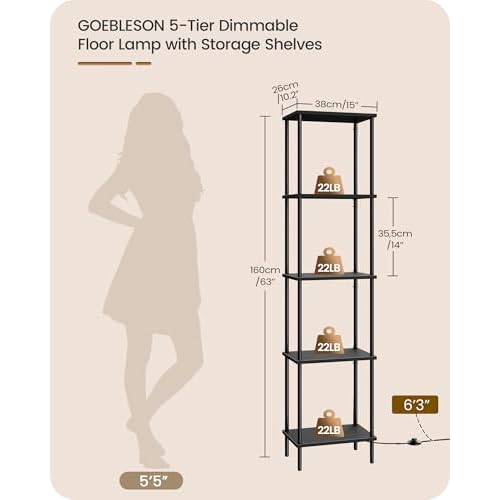 Display Shelf with Light, 5-Tier Shelf Lamp, Corner Floor Lamp with Shelves, Dimmable LED Floor Lamp for Living Room with Remote and Foot Control, 3CCT, Timer, Standing Lamp, Corner Bookshelf B52LD05