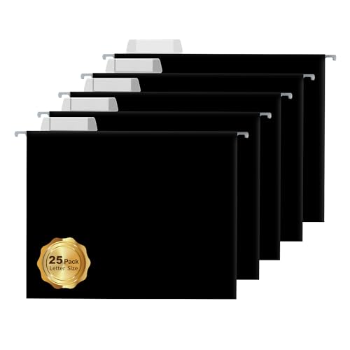 25 Packs Hanging File Folders,Black Letter Size File Folder,Designed for Bulky Files,Filing Cabinet,1/5 Adjustable Tabs for Office,School,Home