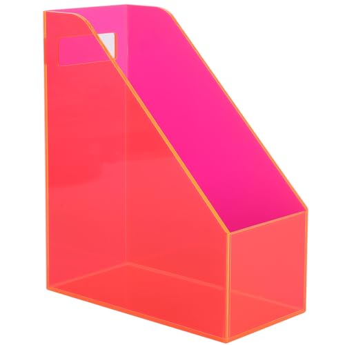 Acrylic Magazine Rack Desk File Holder Organizer for Office Desktop Vertical Magazine Storage Box, 12 x 10 x 5'', Neon Pink