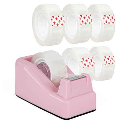 Desktop Tape Dispenser Pink with Weighted Nonskid Base - Includes 6 Rolls of Transparent Tape (0.71 Inch x 1000 inches Each)