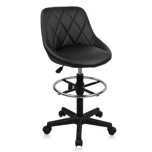 KLASIKA Drafting Chair with Backrest & Wheels, Adjustable Footrest, PU Leather, Black Footrest, 1PK