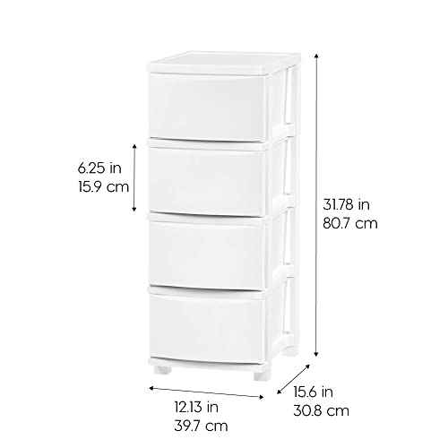 IRIS USA Plastic Drawer Storage Organizer, 4-Drawers, for Classroom Art Supplies Bathroom Dorm Bedroom Laundry Room, Slim Narrow, White Frame with Matte White Front Panels
