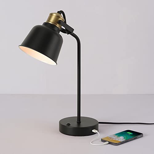 GLOBE Electric 30297 Dakota 18" Desk Lamp with 2.1 USB Port, Matte Black, Brass Accents, Push Button On/Off Switch