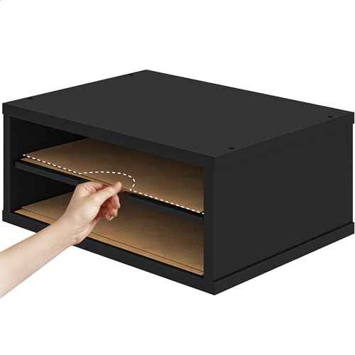 Ballucci File Organizer, 2-Tier Document Paper Sorter, Stackable Wood Desk Organizer Mail Holder, Monitor Stand with Storage Shelves, Black